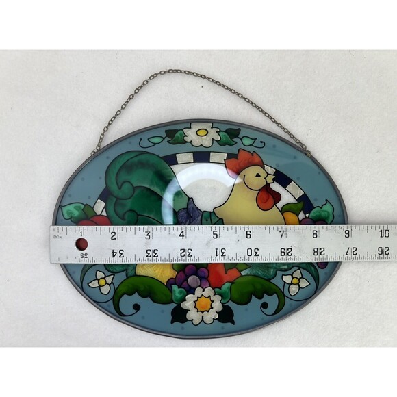 Roster With Flowers OVAL HAND PAINTED STAINED GLASS Chicken SUN CATCHER - Picture 5 of 6